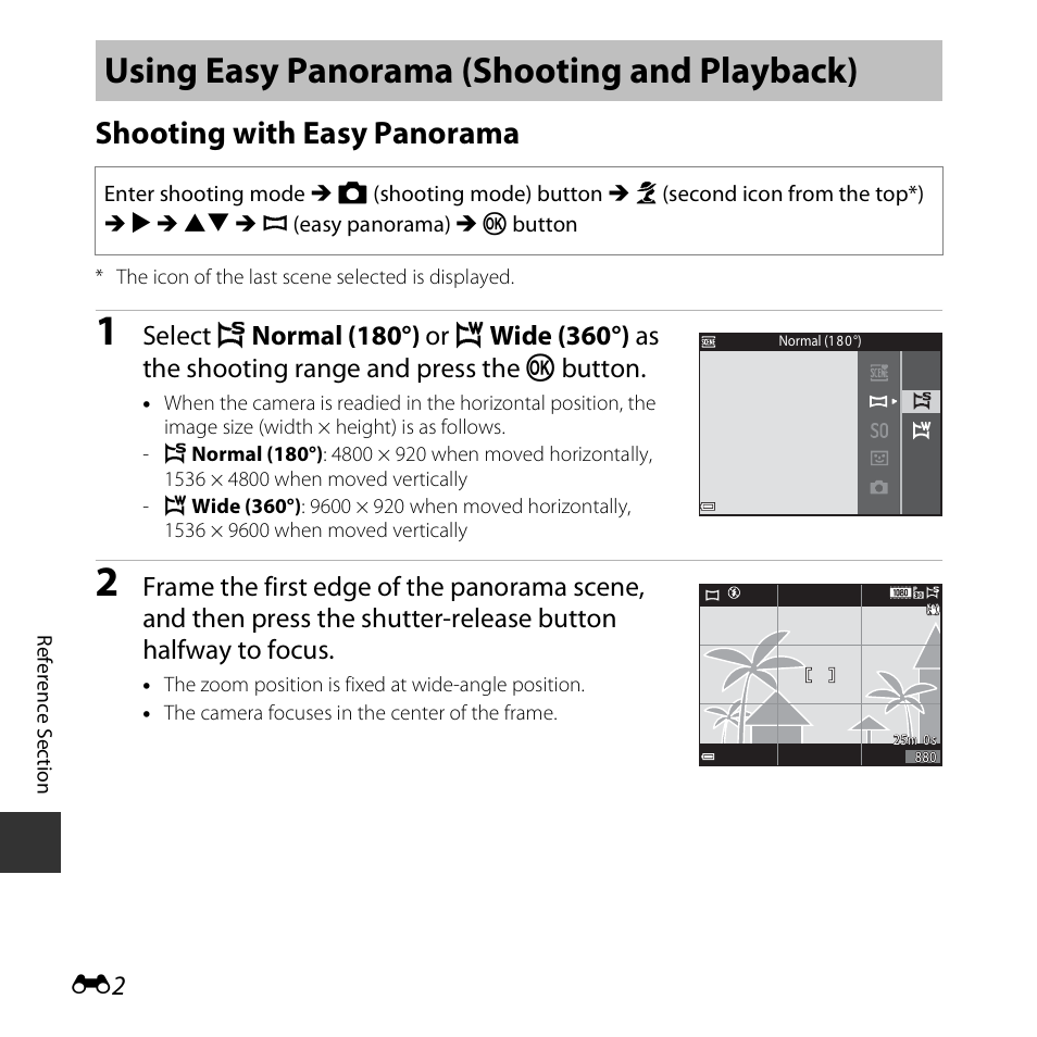 Using easy panorama (shooting and playback), Shooting with easy panorama | Nikon S5300 User Manual | Page 114 / 240