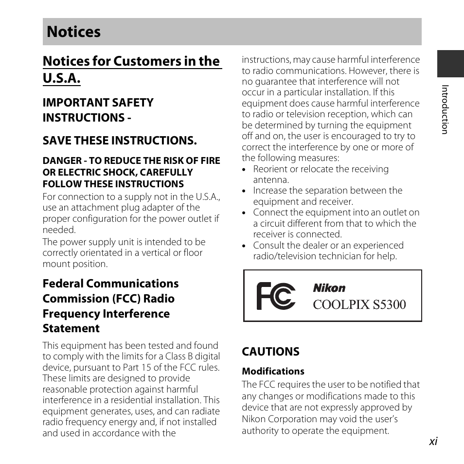 Notices, Notices for customers in the u.s.a | Nikon S5300 User Manual | Page 13 / 240