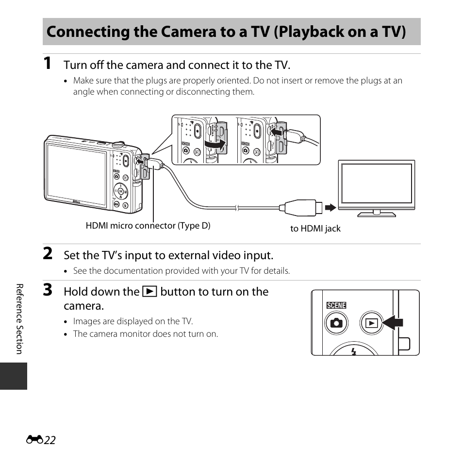 Connecting the camera to a tv (playback on a tv) | Nikon S5300 User Manual | Page 134 / 240