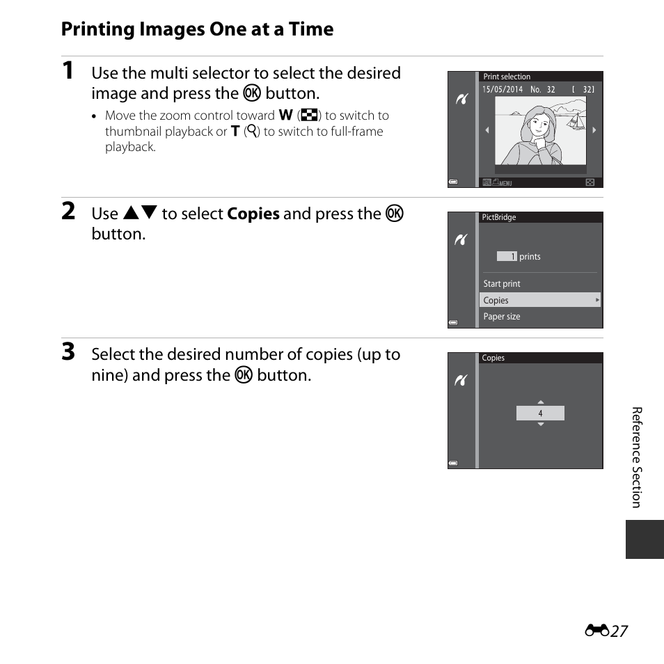 Printing images one at a time, E27) | Nikon S5300 User Manual | Page 139 / 240