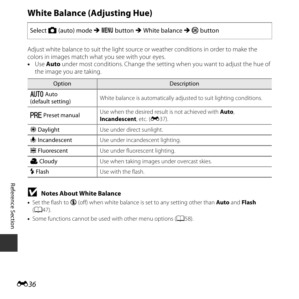 White balance (adjusting hue) | Nikon S5300 User Manual | Page 148 / 240