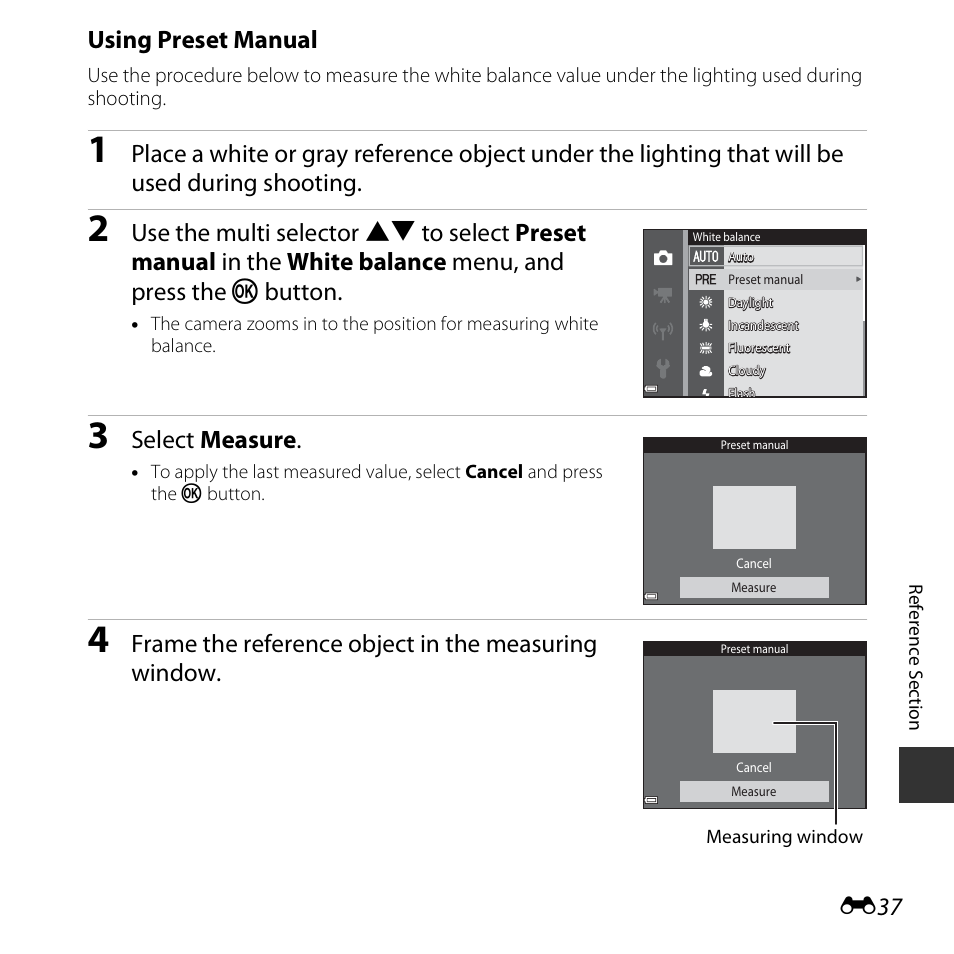 Using preset manual, Select measure, Frame the reference object in the measuring window | Nikon S5300 User Manual | Page 149 / 240