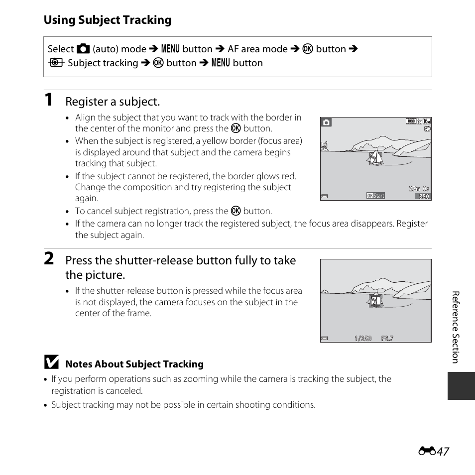 See “using subject tracking, E47) f, Using subject tracking | Register a subject | Nikon S5300 User Manual | Page 159 / 240