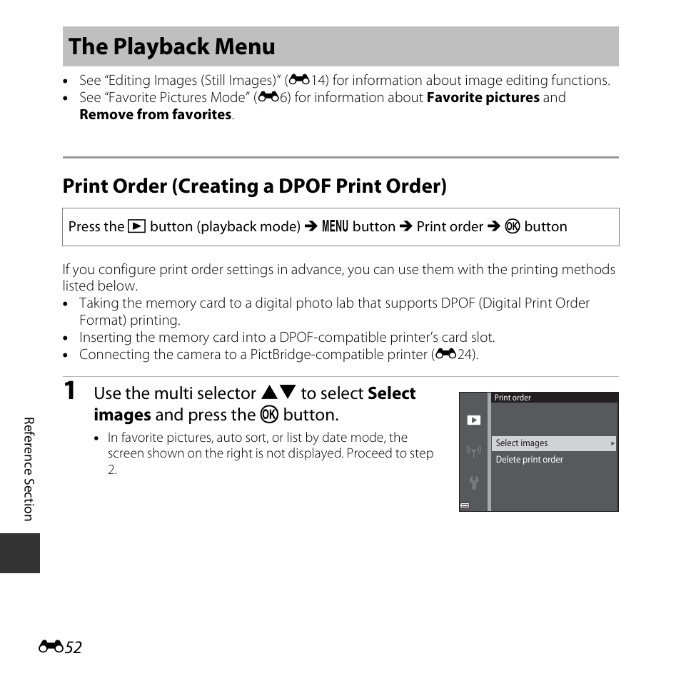 The playback menu, Print order (creating a dpof print order), E52) | Nikon S5300 User Manual | Page 164 / 240