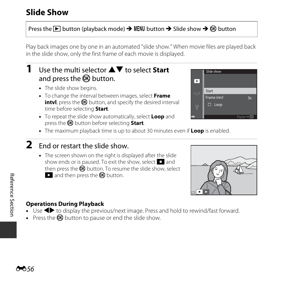 Slide show, End or restart the slide show | Nikon S5300 User Manual | Page 168 / 240