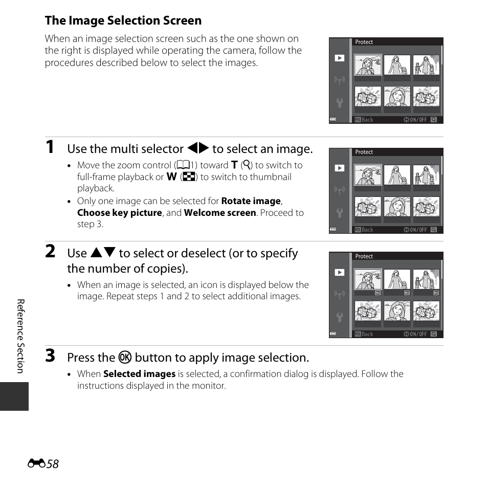 E58), The image selection screen, Use the multi selector jk to select an image | Press the k button to apply image selection | Nikon S5300 User Manual | Page 170 / 240