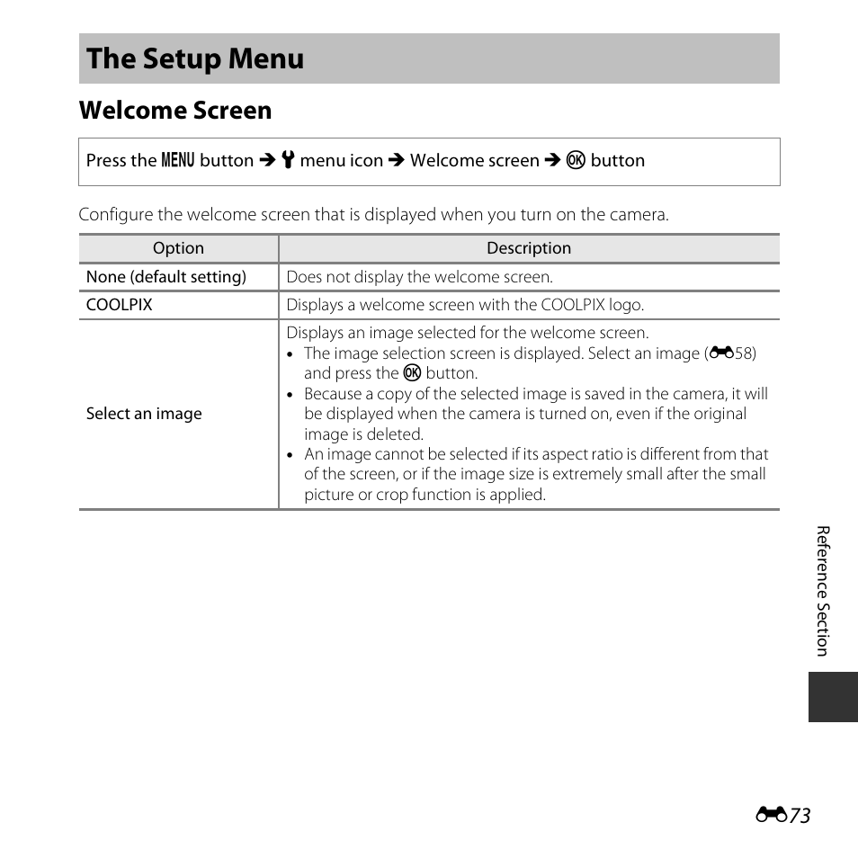 The setup menu, Welcome screen | Nikon S5300 User Manual | Page 185 / 240