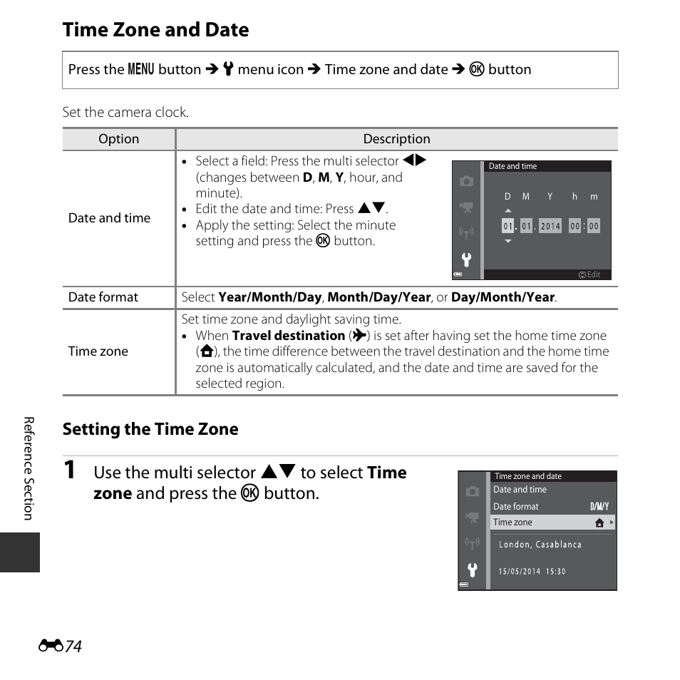 Time zone and date, Setting the time zone | Nikon S5300 User Manual | Page 186 / 240