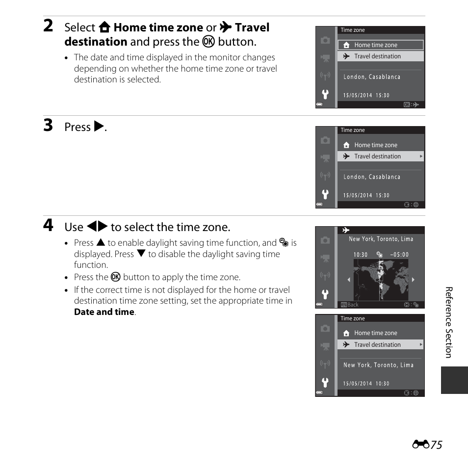 Press k, Use jk to select the time zone | Nikon S5300 User Manual | Page 187 / 240