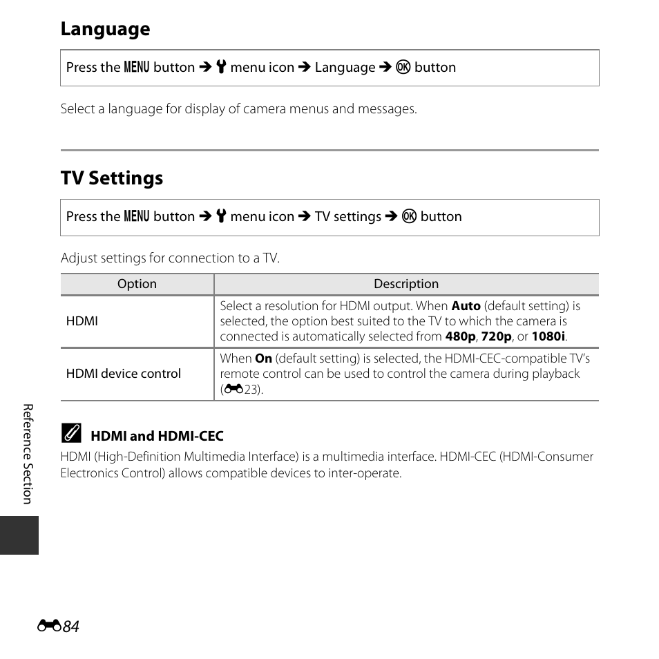 Language, Tv settings, E84) | Nikon S5300 User Manual | Page 196 / 240