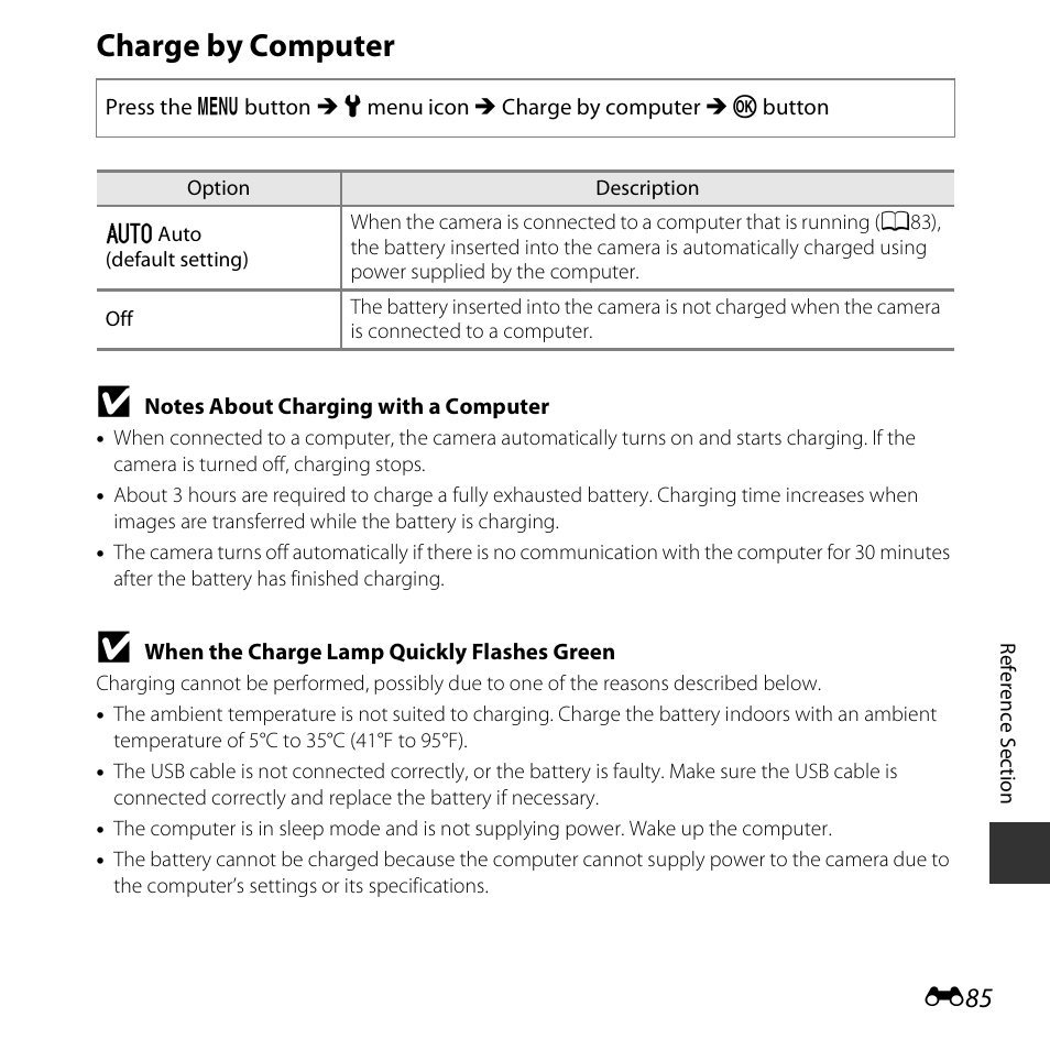 Charge by computer, E85) | Nikon S5300 User Manual | Page 197 / 240