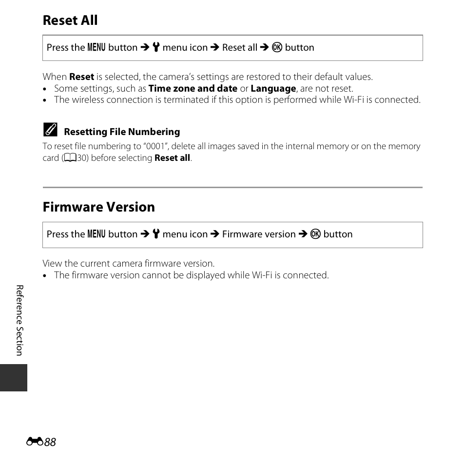 Reset all, Firmware version | Nikon S5300 User Manual | Page 200 / 240