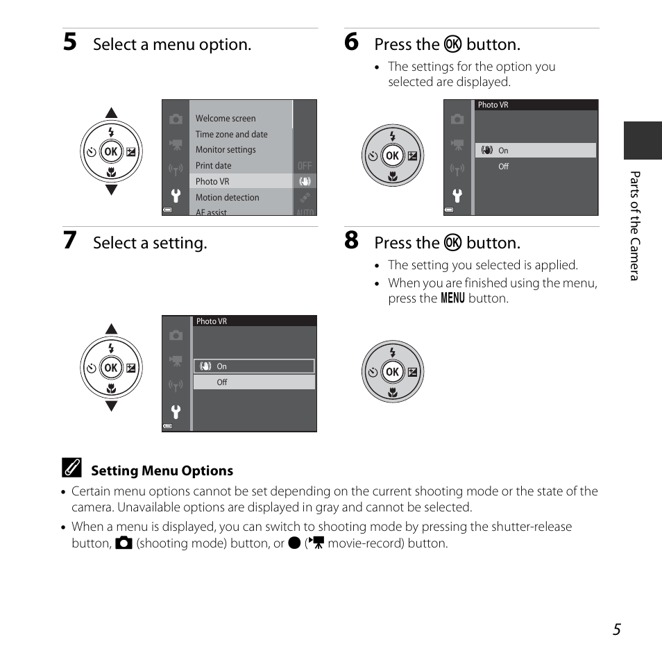 Select a menu option, Press the k button, Select a setting | Nikon S5300 User Manual | Page 27 / 240