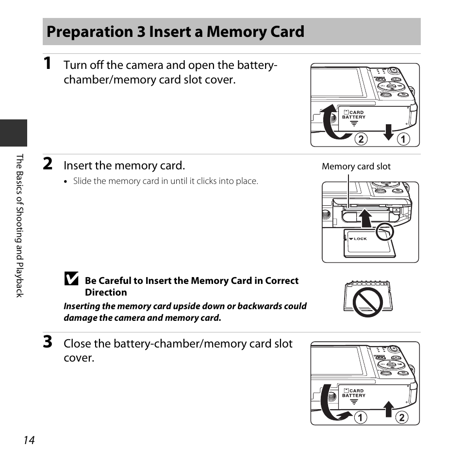 Preparation 3 insert a memory card | Nikon S5300 User Manual | Page 36 / 240