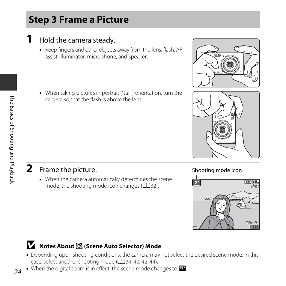 Step 3 frame a picture, Hold the camera steady, Frame the picture | Nikon S5300 User Manual | Page 46 / 240