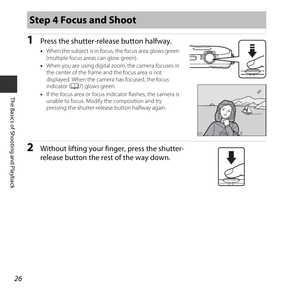 Step 4 focus and shoot, Press the shutter-release button halfway | Nikon S5300 User Manual | Page 48 / 240