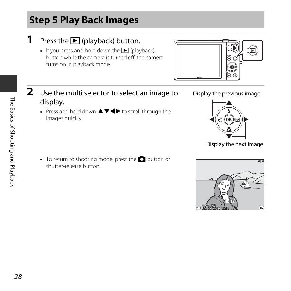 Step 5 play back images, Press the c (playback) button | Nikon S5300 User Manual | Page 50 / 240