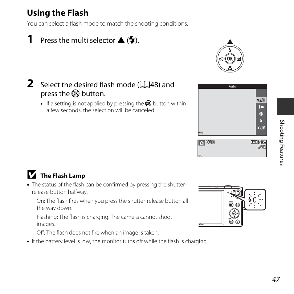 Using the flash, A47) | Nikon S5300 User Manual | Page 69 / 240