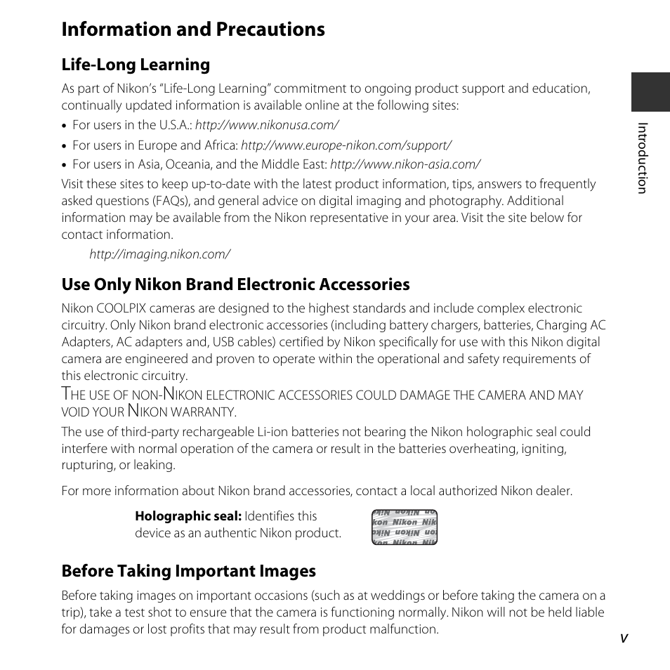 Information and precautions, Life-long learning, Use only nikon brand electronic accessories | Before taking important images | Nikon S5300 User Manual | Page 7 / 240