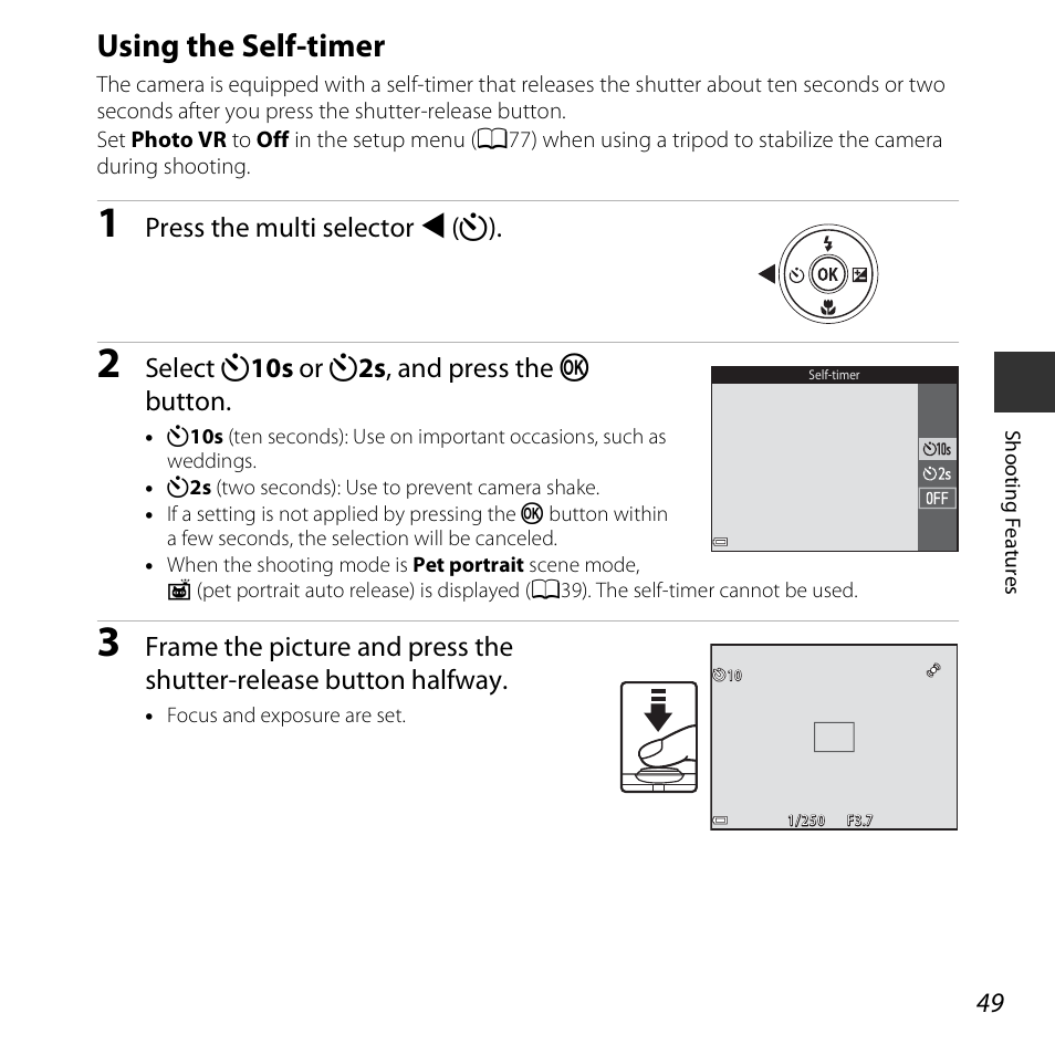 Using the self-timer, A49), Press the multi selector j (n) | Select n 10s or n 2s , and press the k button | Nikon S5300 User Manual | Page 71 / 240