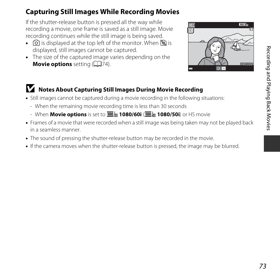 A73), Capturing still images while recording movies | Nikon S5300 User Manual | Page 95 / 240
