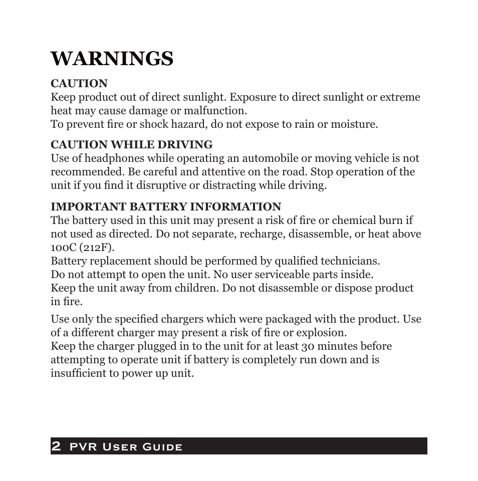 Warnings | Audiovox PVR1000 User Manual | Page 2 / 42