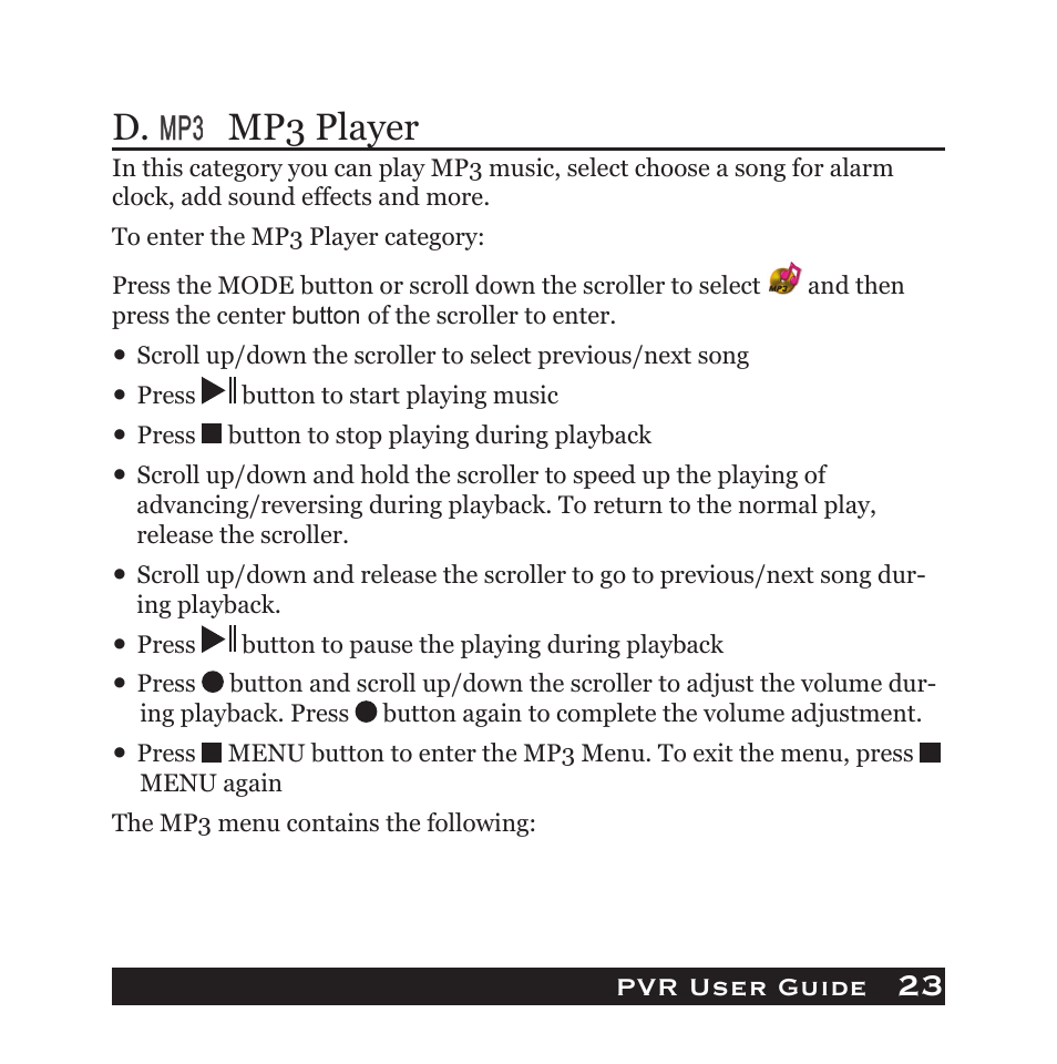 23 d. mp3 player, Pvr user guide | Audiovox PVR1000 User Manual | Page 23 / 42