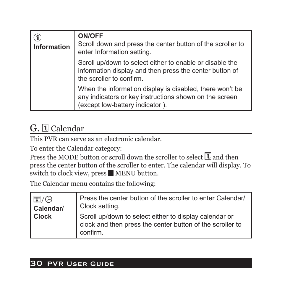 Pvr user guide, Calendar | Audiovox PVR1000 User Manual | Page 30 / 42