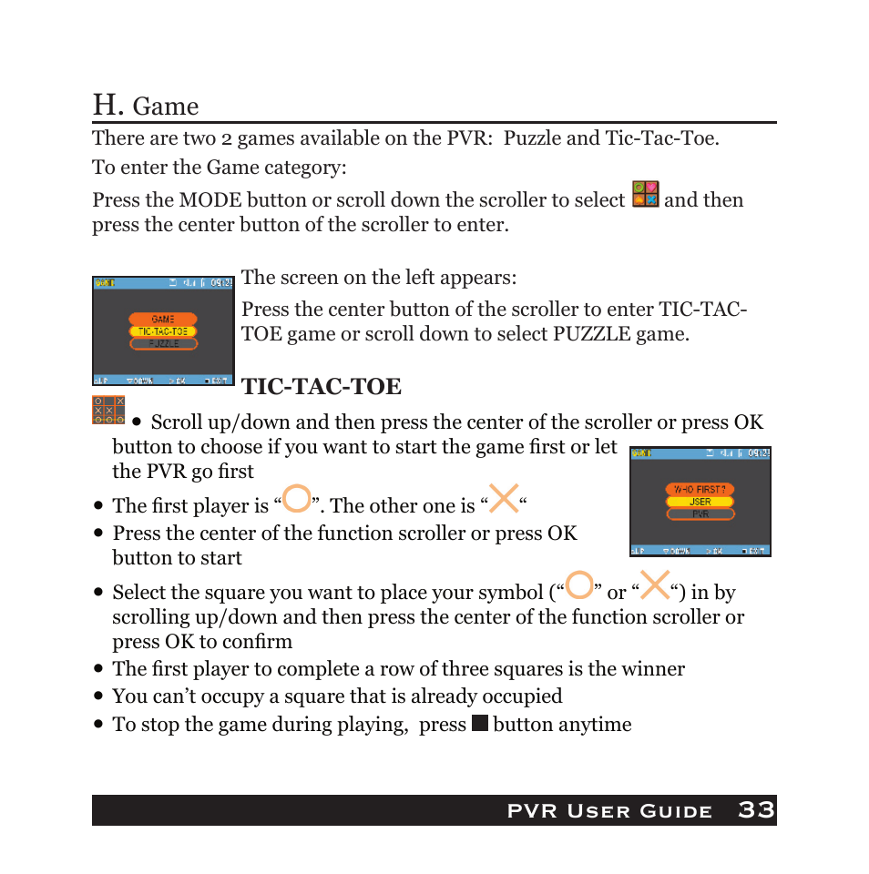 33 h, Pvr user guide, Game | Audiovox PVR1000 User Manual | Page 33 / 42