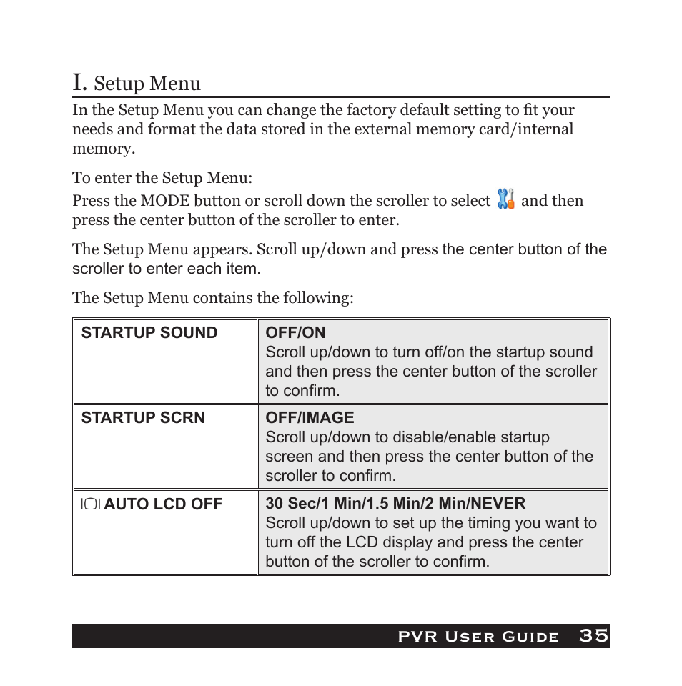 35 i, Pvr user guide, Setup menu | Audiovox PVR1000 User Manual | Page 35 / 42