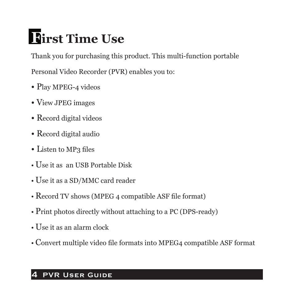 Irst time use | Audiovox PVR1000 User Manual | Page 4 / 42