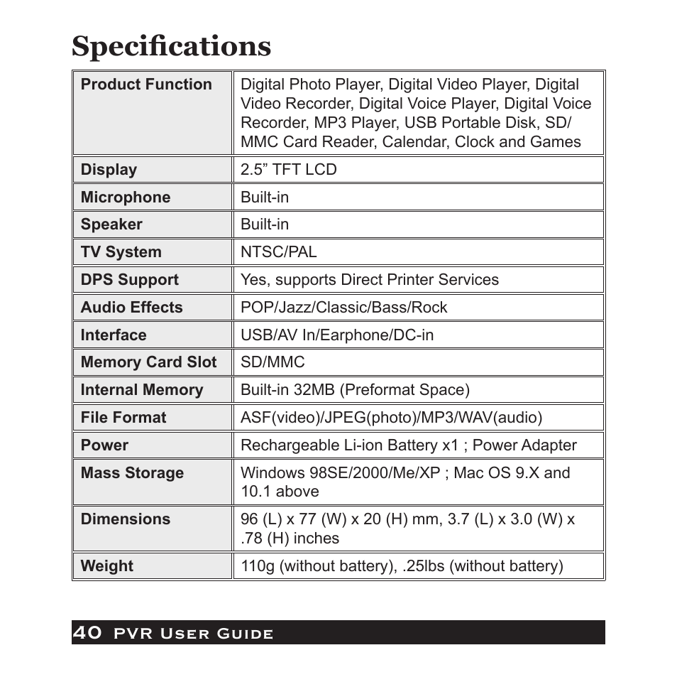 Speciﬁcations, Pvr user guide | Audiovox PVR1000 User Manual | Page 40 / 42