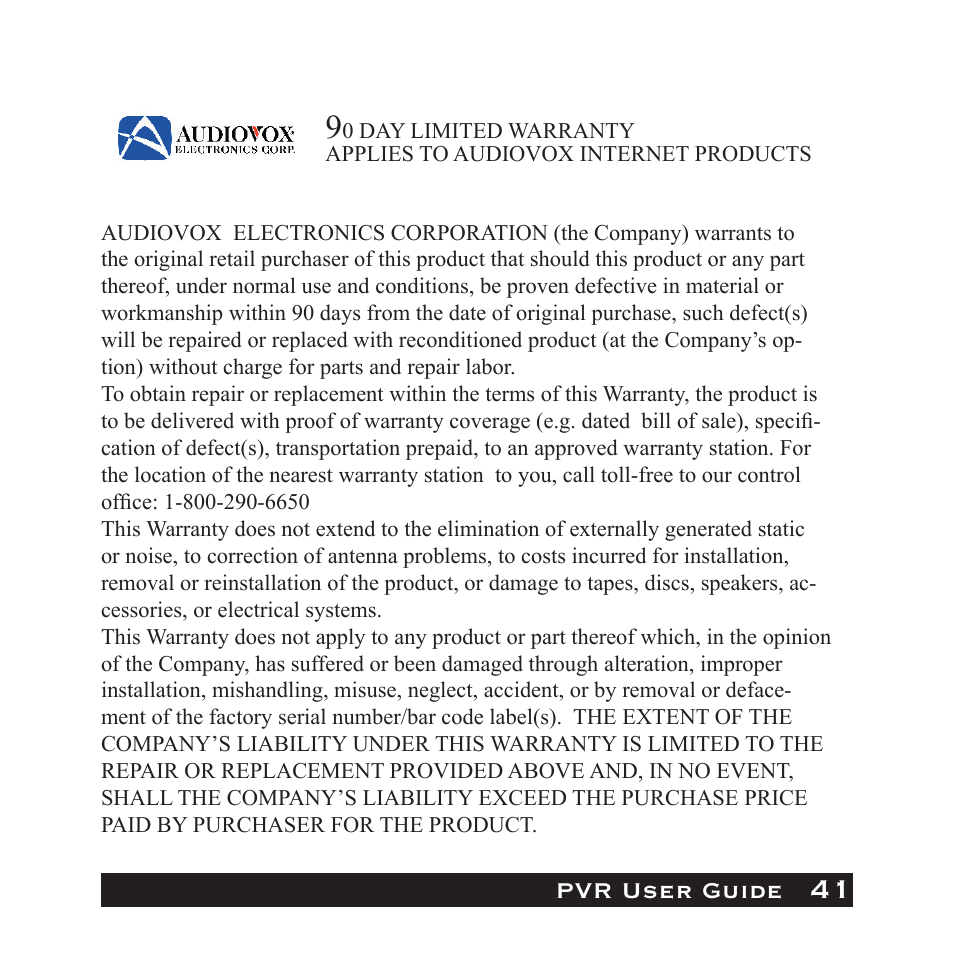 Pvr user guide | Audiovox PVR1000 User Manual | Page 41 / 42