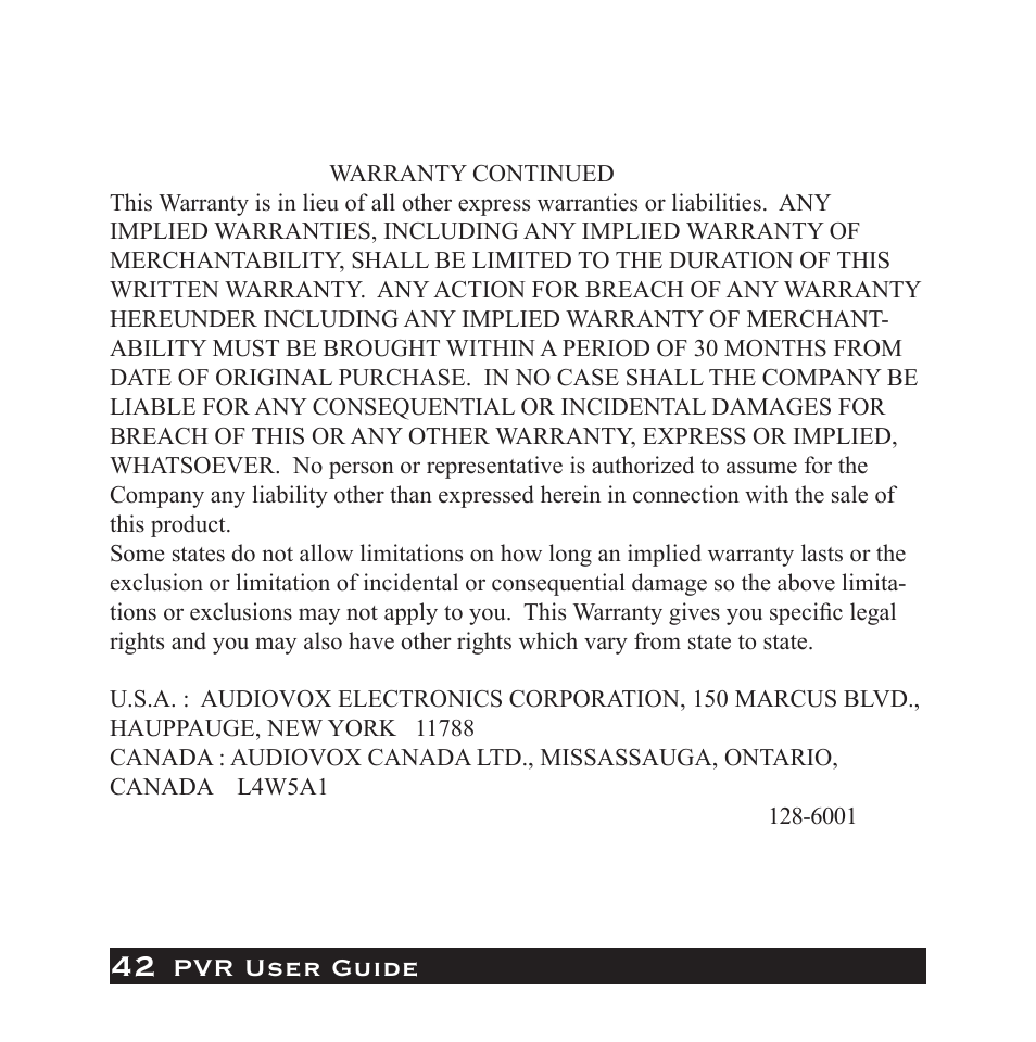 Pvr user guide | Audiovox PVR1000 User Manual | Page 42 / 42
