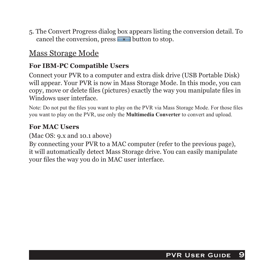 Pvr user guide, Mass storage mode | Audiovox PVR1000 User Manual | Page 9 / 42