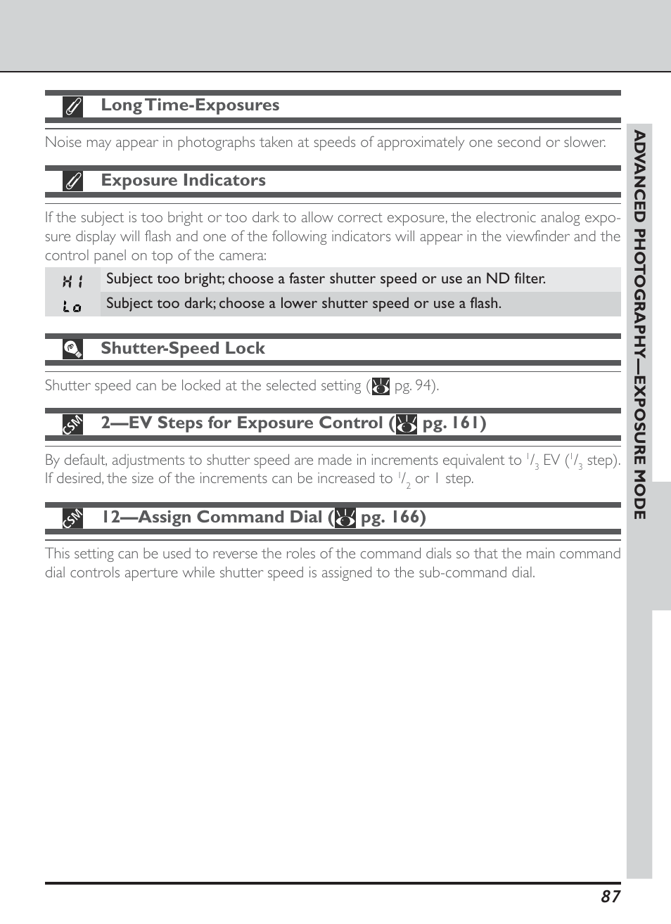 Long time-exposures, Exposure indicators, Shutter-speed lock | 2—ev steps for exposure control ( pg. 161) | Nikon D1H User Manual | Page 101 / 238