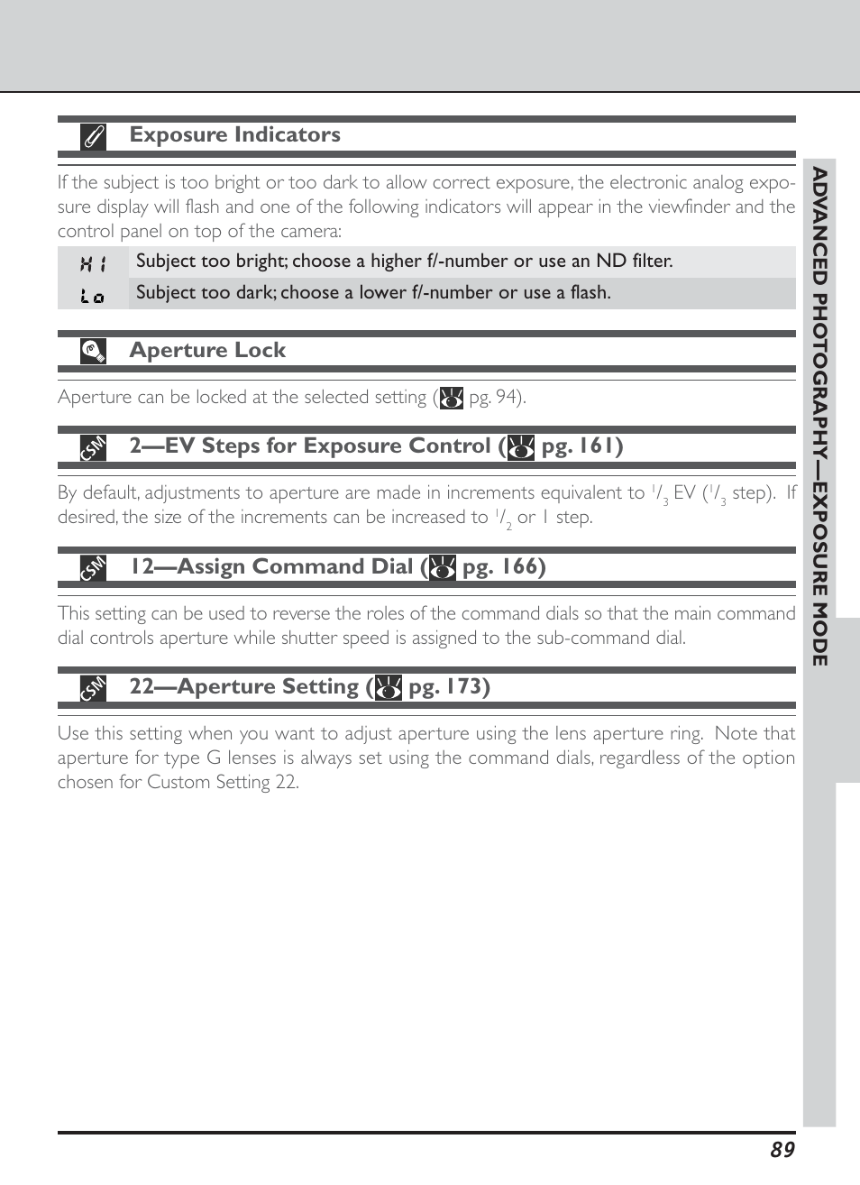Exposure indicators, Aperture lock, 2—ev steps for exposure control ( pg. 161) | Nikon D1H User Manual | Page 103 / 238