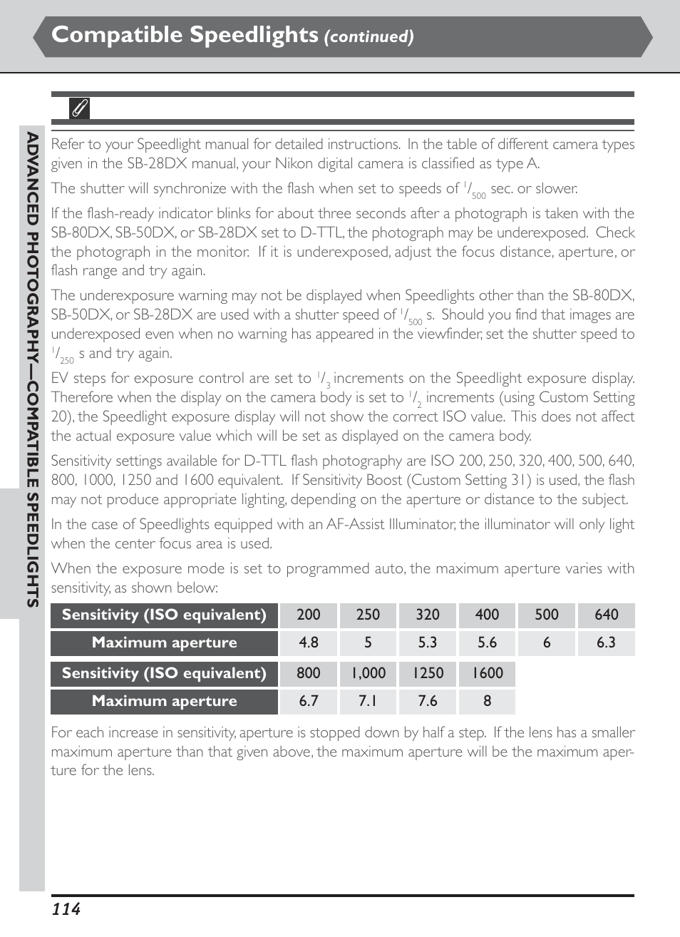 Compatible speedlights, Continued) | Nikon D1H User Manual | Page 128 / 238