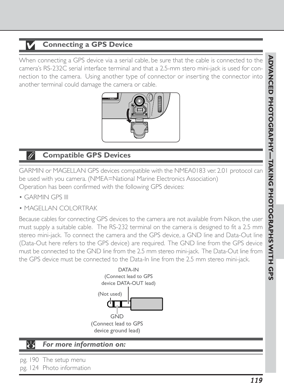 Connecting a gps device, Compatible gps devices, For more information on | Nikon D1H User Manual | Page 133 / 238