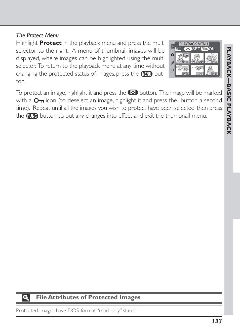 133 file attributes of protected images, Pla yba ck—basic pla yba ck | Nikon D1H User Manual | Page 147 / 238