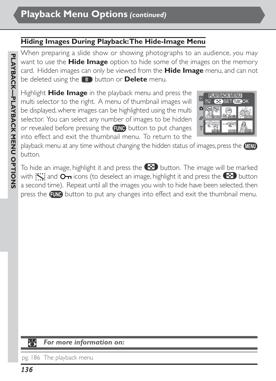Playback menu options, For more information on, Continued) | Pg. 186 the playback menu, Pla yba ck—pla yba ck menu options | Nikon D1H User Manual | Page 150 / 238