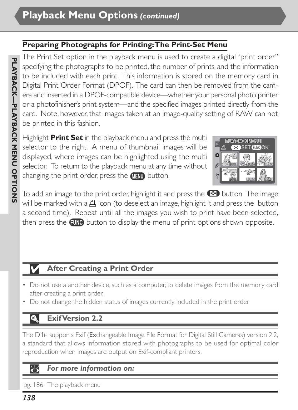 Playback menu options, After creating a print order, Exif version 2.2 | For more information on, Continued), The d1, Pg. 186 the playback menu, Pla yba ck—pla yba ck menu options | Nikon D1H User Manual | Page 152 / 238