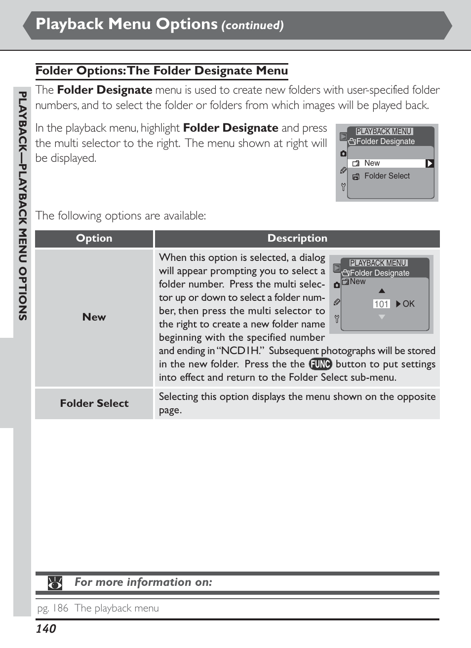 Playback menu options, The following options are available, For more information on | Continued) | Nikon D1H User Manual | Page 154 / 238