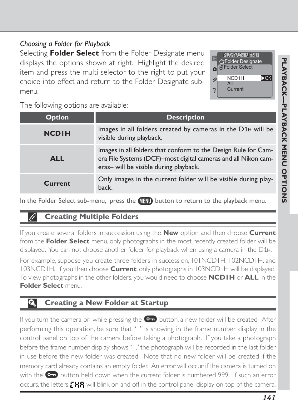 Creating multiple folders, Creating a new folder at startup | Nikon D1H User Manual | Page 155 / 238