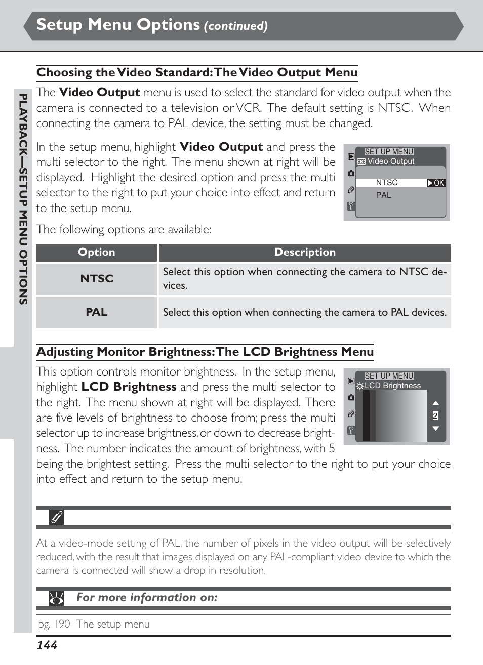 Setup menu options, Continued), For more information on | The following options are available | Nikon D1H User Manual | Page 158 / 238
