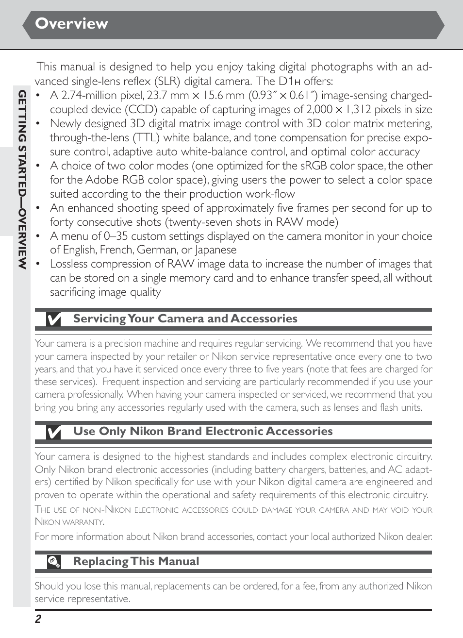 Overview, Use only nikon brand electronic accessories, Replacing this manual | Nikon D1H User Manual | Page 16 / 238