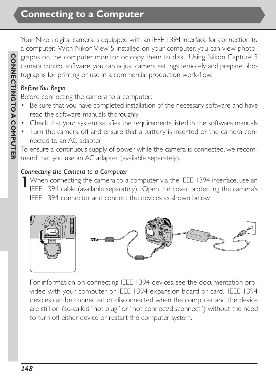 Connecting to a computer | Nikon D1H User Manual | Page 162 / 238