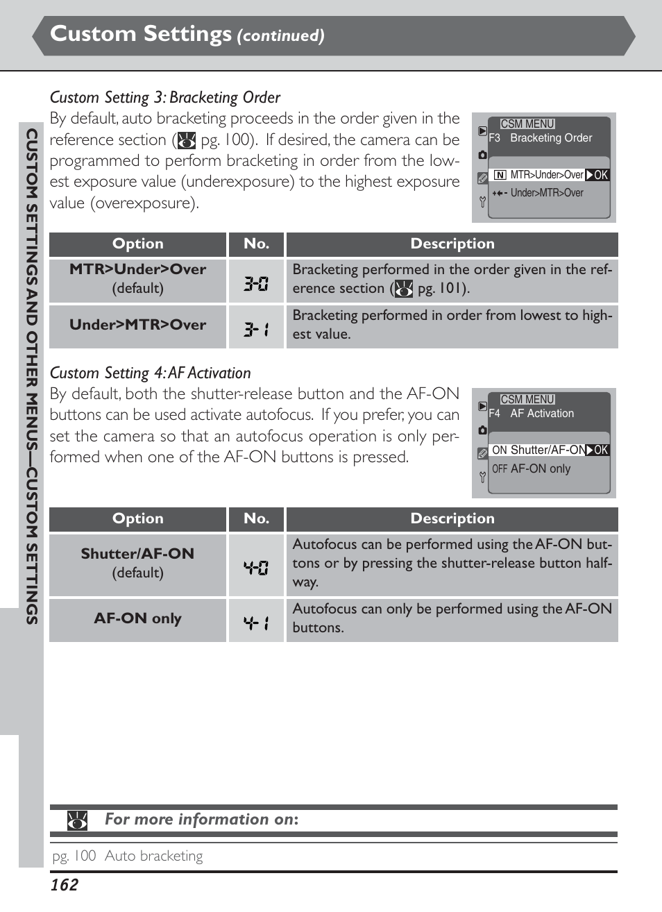 Custom settings, Continued), For more information on | Nikon D1H User Manual | Page 176 / 238