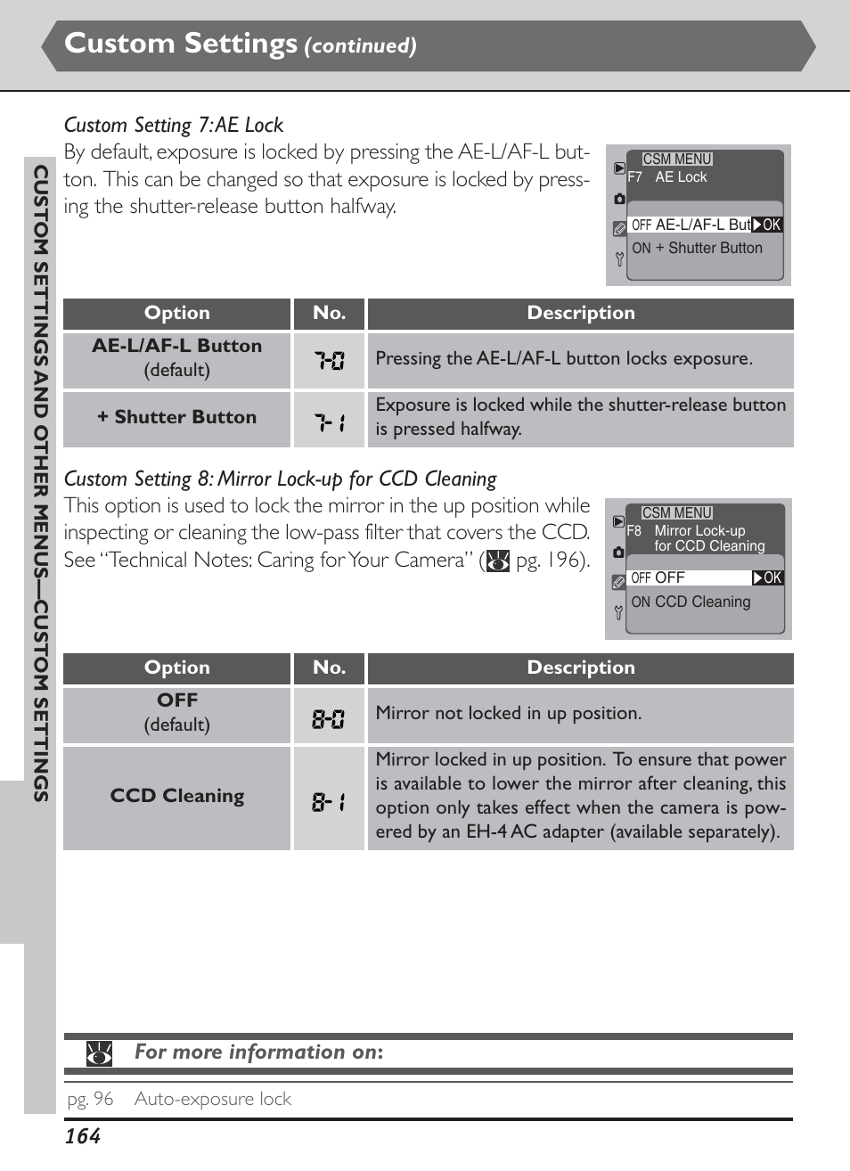 Custom settings, Continued), For more information on | Nikon D1H User Manual | Page 178 / 238