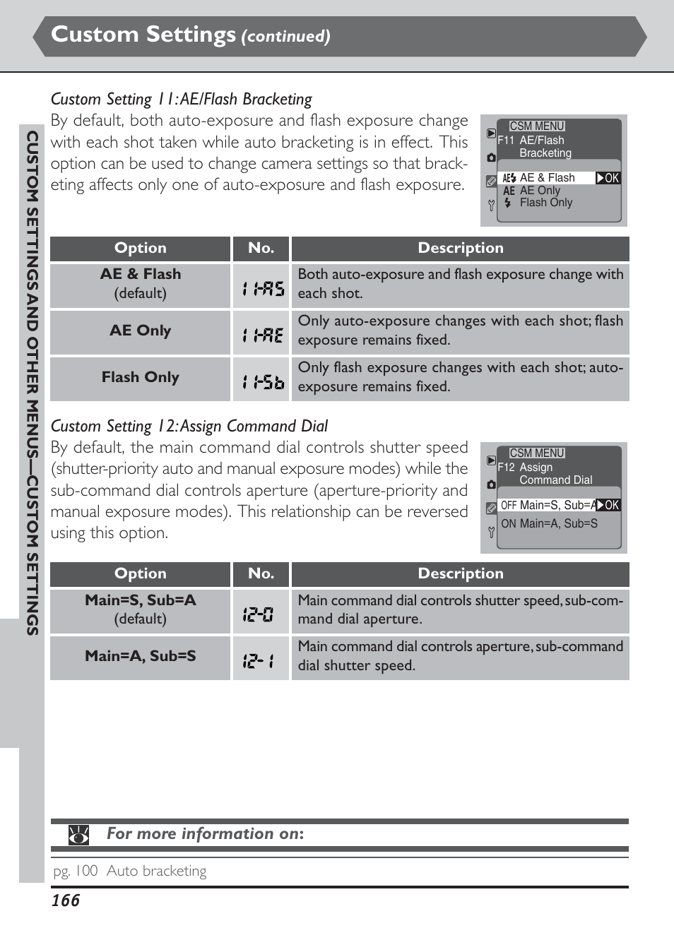 Custom settings, For more information on, Continued) | Nikon D1H User Manual | Page 180 / 238